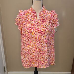 CeCe Floral Ruffle Sleeve Blouse - Pink and Yellow
